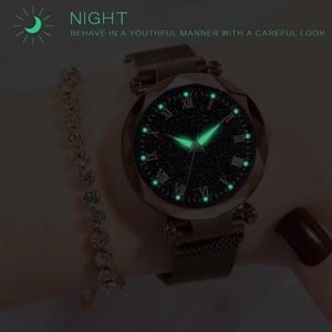 Orologio al quarzo da donna cielo stellato luminoso con cinturino in oro rosa e bracciale