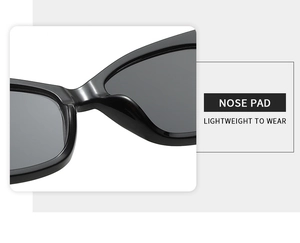 Detail view of integrated nose pad on black cat eye sunglasses for lightweight comfort