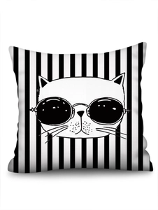 Minimalist square linen pillowcase featuring a cartoon cat with sunglasses on stripes