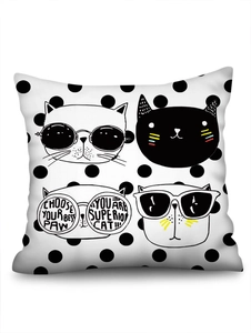 Detail of cartoon cat pattern on faux linen pillowcase with black and white polka dots