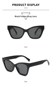 Detailed front and side view of classic black cat-eye sunglasses with gray lenses