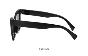 Detailed side view of classic black cat-eye sunglasses showing wide temple and glossy frame