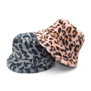Leopard Print Faux Fur Bucket Hat For Women Winter Warm Plush Fluffy Basin Hat Thickened Outdoor Fashion Accessories