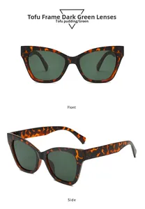 Detail view of tortoiseshell cat-eye sunglasses with dark green lenses from front and side angles