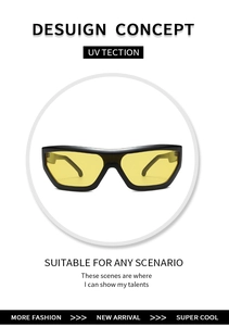 Detail view of Y2K wraparound sunglasses featuring a thick black frame and yellow lenses