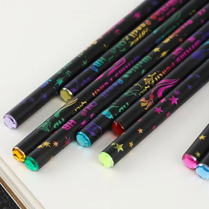 Creative black HB pencils with colorful crystal diamond tops and elegant foil print design