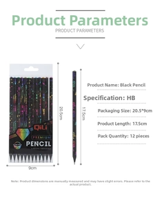 Detailed technical specifications for 12-pack black HB pencils with galaxy pattern design