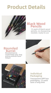 Detail of 12-pack black wood HB pencils with colorful laser patterns and top crystals