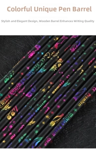 Macro shot of black matte pencils with rainbow metallic foil patterns and CE certification