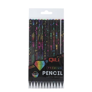 Set of 12 black wood HB pencils with holographic star patterns in a transparent box