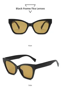 Front and side views of cat eye sunglasses with black frames and tea lenses