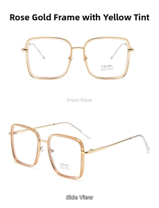 Dettagli degli occhiali quadrati anti-luce blu oro rosa con accenti gialli trasparenti