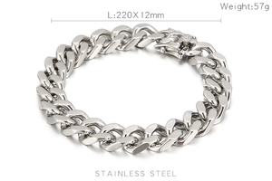 Detail view of silver stainless steel Cuban link bracelet with 220mm length and 12mm width