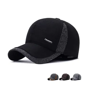 Men Winter Baseball Cap With Ear Flaps Warm Fleece Lined Twill Cotton Cold Proof Adjustable Dad Hat