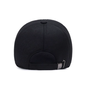 Rear view of black winter baseball cap with adjustable strap and 6-panel structure
