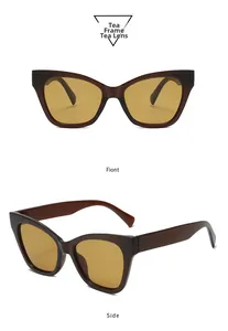 Detailed front and side views of tea-colored cat-eye sunglasses with matching tea lenses