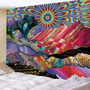 Vibrant psychedelic mountain tapestry with colorful sunburst and trippy fluid art detail
