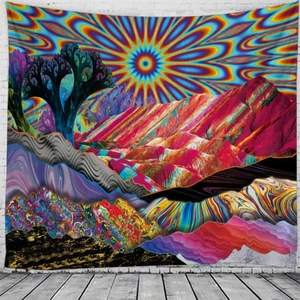 Close-up of the psychedelic mountain and sun tapestry with vibrant digital printing