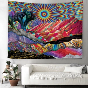 Abstract psychedelic wall tapestry with colorful mountain peaks and radiant sun pattern