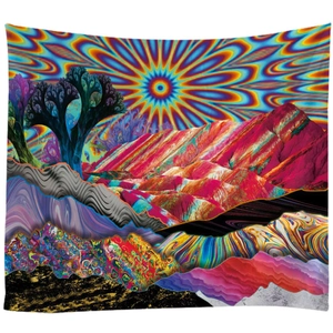 Abstract psychedelic mountain tapestry with vibrant fractal trees and a radiant sun