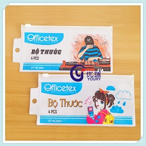 Macro shot of clear PVC pencil pouches with zipper closure and colorful cartoon prints