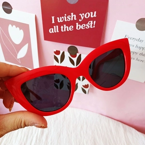 Retro red cat eye sunglasses for women with thick frames and dark lenses in hand