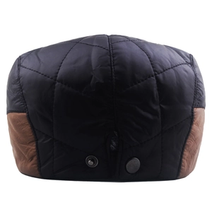 Men's winter quilted beret hat in glossy black with brown panel and metallic buttons