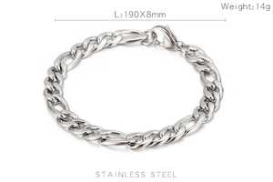 Detail view of 8mm wide silver stainless steel NK chain bracelet with dimensions 190mm x 8mm