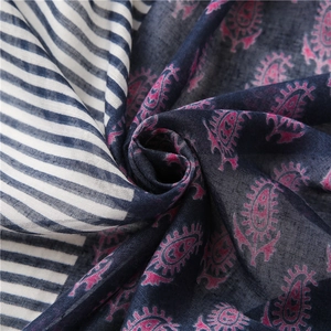 Ethnic paisley and striped cotton linen scarf, navy and pink lightweight shawl wrap