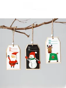 Three wooden Christmas gift tags featuring Santa, Snowman, and Reindeer with twine loops