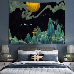 Detailed view of an oriental forest tapestry with golden moon and cranes in a bedroom