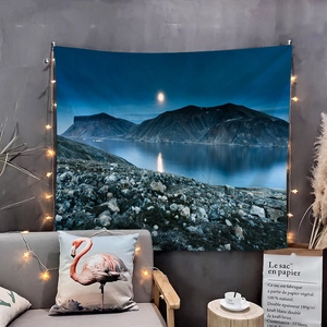 Detailed view of nature tapestry featuring a moonlit mountain lake at night with starry lights