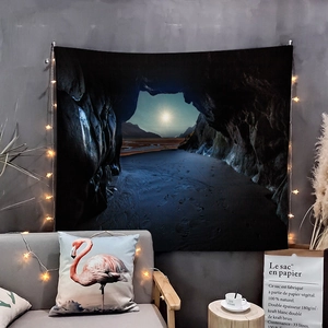 Detail of forest cave night scenery tapestry with warm string lights on wall decoration