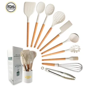 Silicone Kitchen Utensil Cooking Tools With Beech Wood Handle Heat Resistant Non Stick Spatula Soup Spoon Whisk Tongs