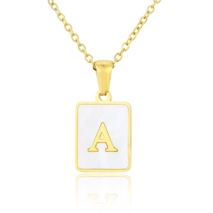 Detailed view of square gold necklace pendant with white shell inlay and letter A
