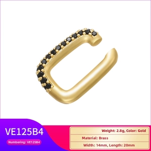 Detail of 14x20mm gold rectangular ear cuff with micro-set black stones on brass