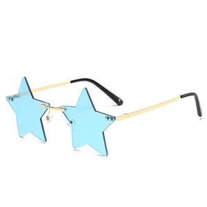 Frameless star-shaped sunglasses with light blue lenses and gold metal temples for women