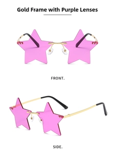 Detailed front and side view of rimless star-shaped purple sunglasses with gold frames