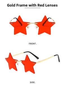 Frameless star-shaped sunglasses with gold temples and red transparent lenses