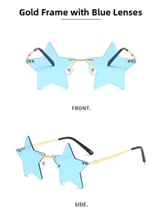 Detailed front and side views of star-shaped rimless sunglasses with gold frames and blue lenses