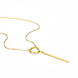 Minimalist gold titanium steel lariat necklace featuring a polished circle and bar pendant