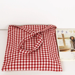 Women Red Plaid Gingham Shoulder Bag Cotton Linen Fabric Crossbody Tote With Zipper Closure Japanese Style Casual
