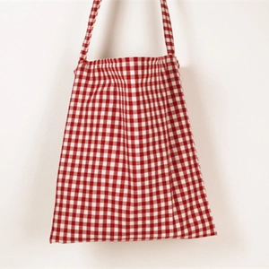 Japanese style red and white gingham cotton canvas tote bag with long shoulder straps
