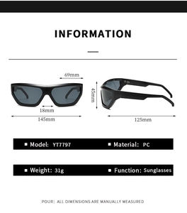 Detailed size specifications of black oversized Y2K shield sunglasses with PC frame