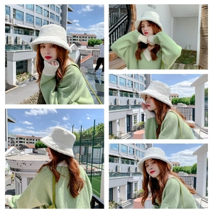 Detail shots of beige faux fur bucket hat showing outdoor styling and warm texture