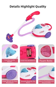 Detailed view of kids' toy vacuum cleaner set with wheels and pink flexible hose