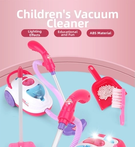 Detailed view of pink ABS kids vacuum set with light effects and cleaning tools