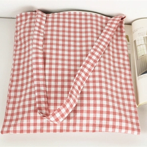 Women Shoulder Tote Bag Cotton Linen Canvas Gingham Plaid Pattern Japanese Mori Girl Style Minimalist Zipper Closure