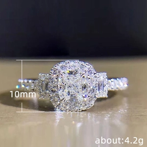 Classic silver ring with 10mm square-cut zircon stone and halo pave setting for women