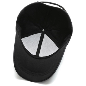 Internal view of a dark grey men's baseball cap with sweatband and metal top button